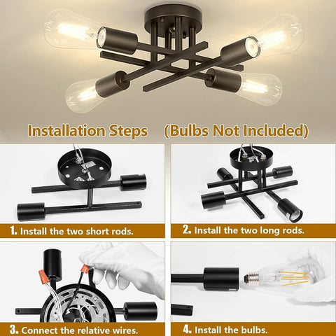 Ceiling light fixture with installation steps and bulbs not included text.