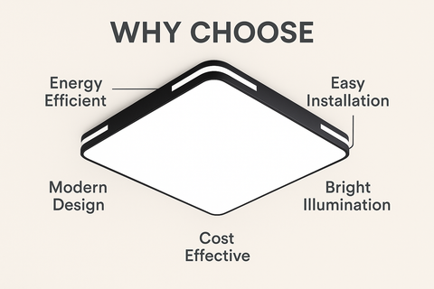Ceiling light fixture with labeled benefits on a beige background