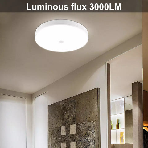 Ceiling light fixture with luminous flux 3000LM label in a room setting.