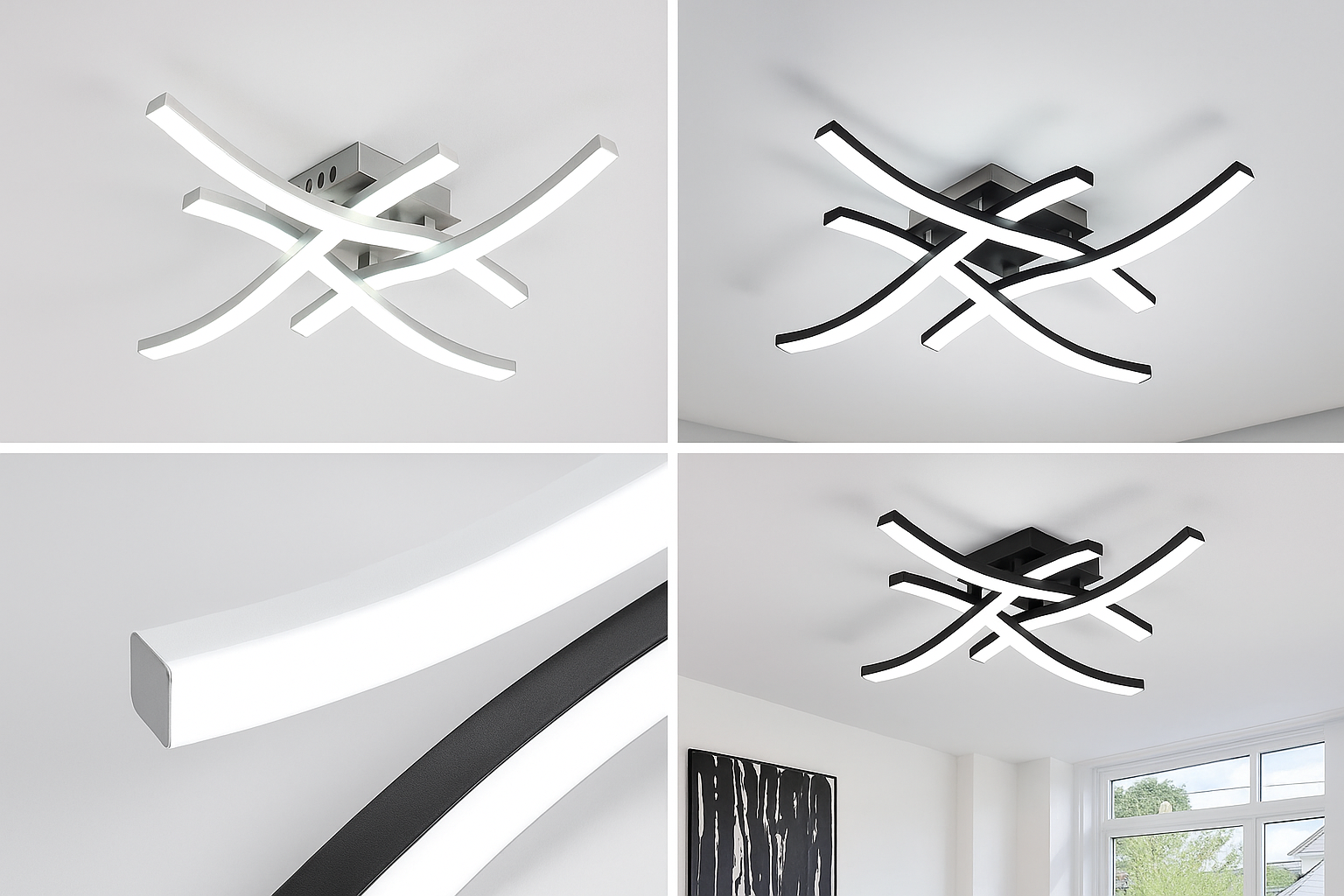 Ceiling light fixture with modern design on a white ceiling