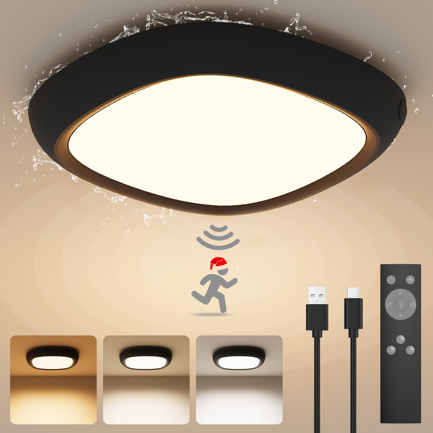 Ceiling light fixture with motion sensor and control panel on a beige background