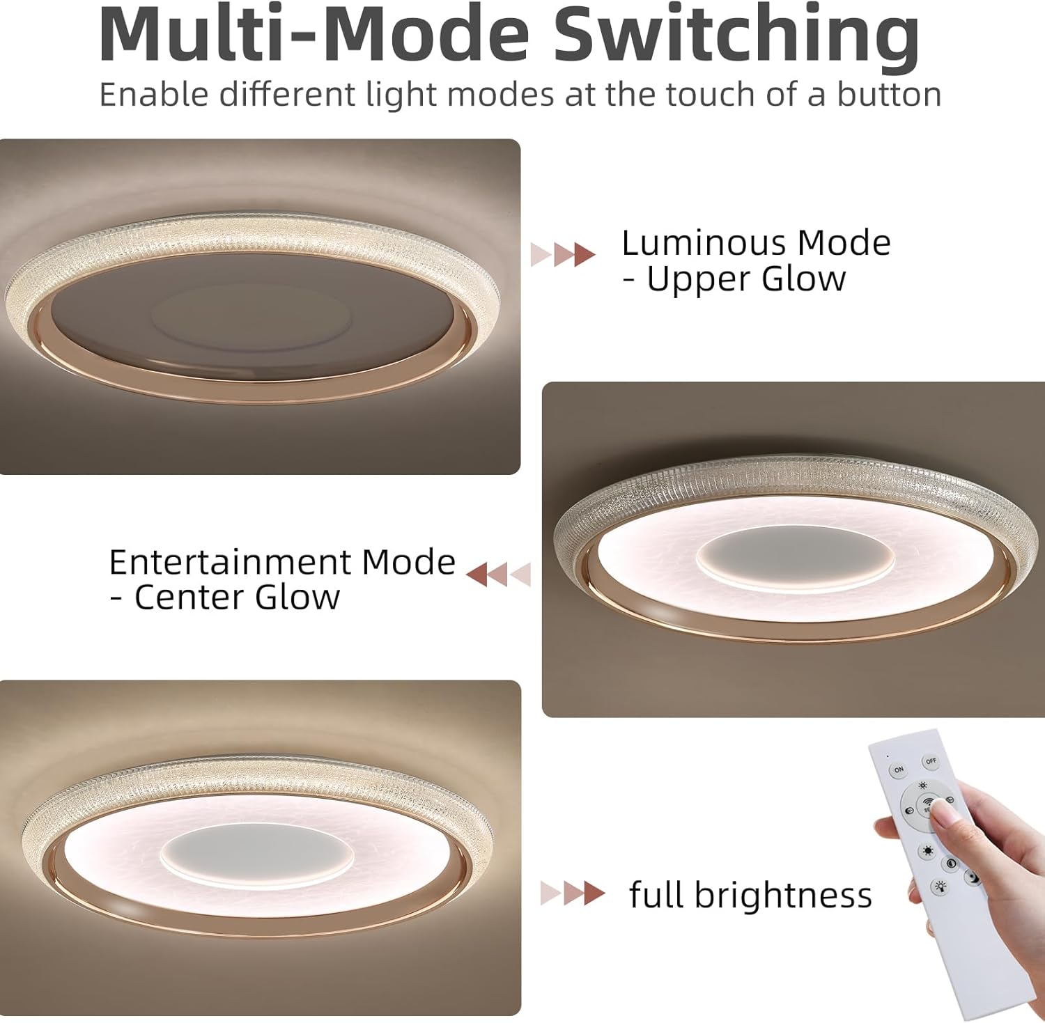 Ceiling light fixture with multi-mode switching features and remote control.