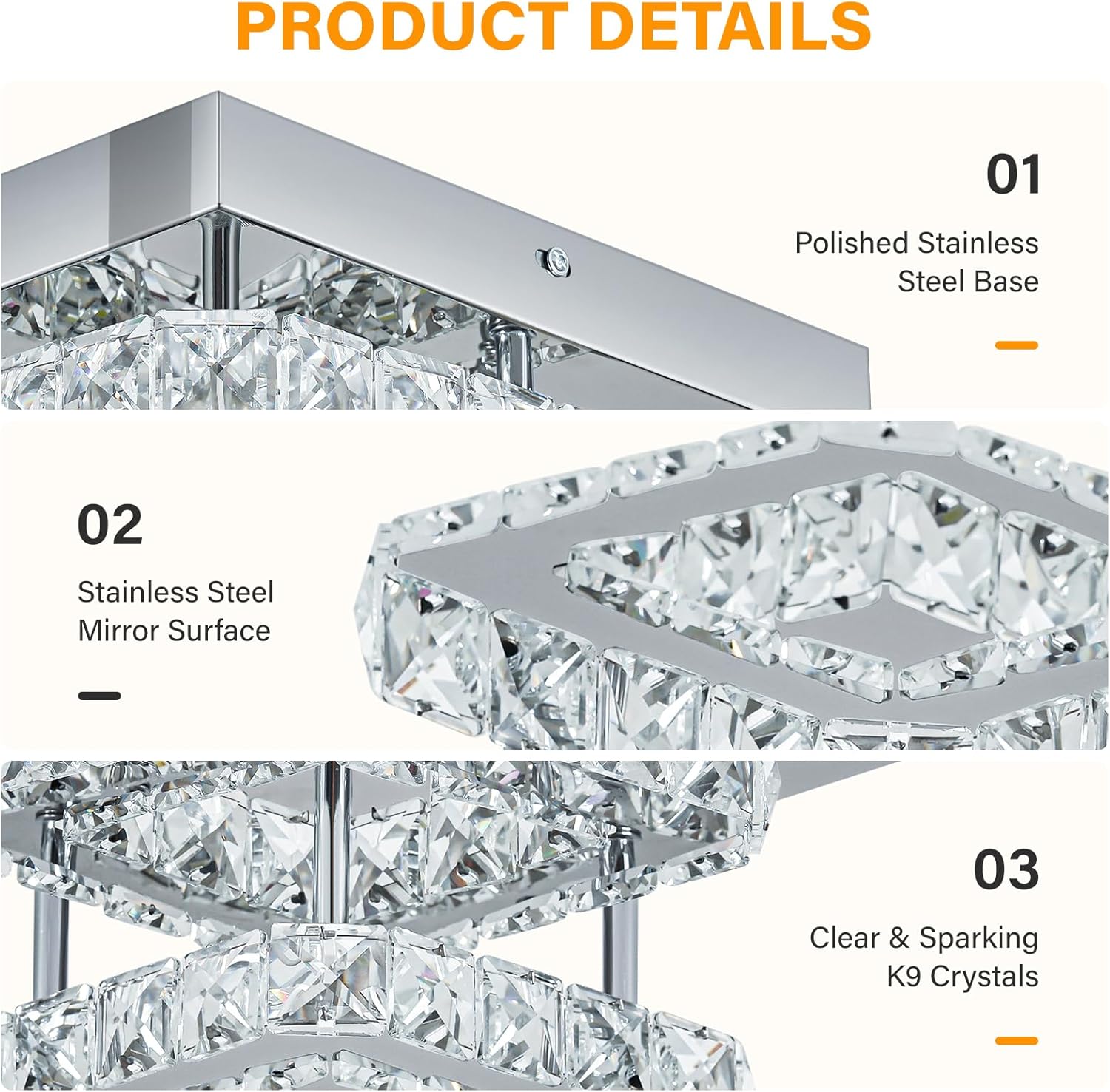 Ceiling light fixture with polished stainless steel base, stainless steel mirror surface, and clear sparkling K9 crystals.