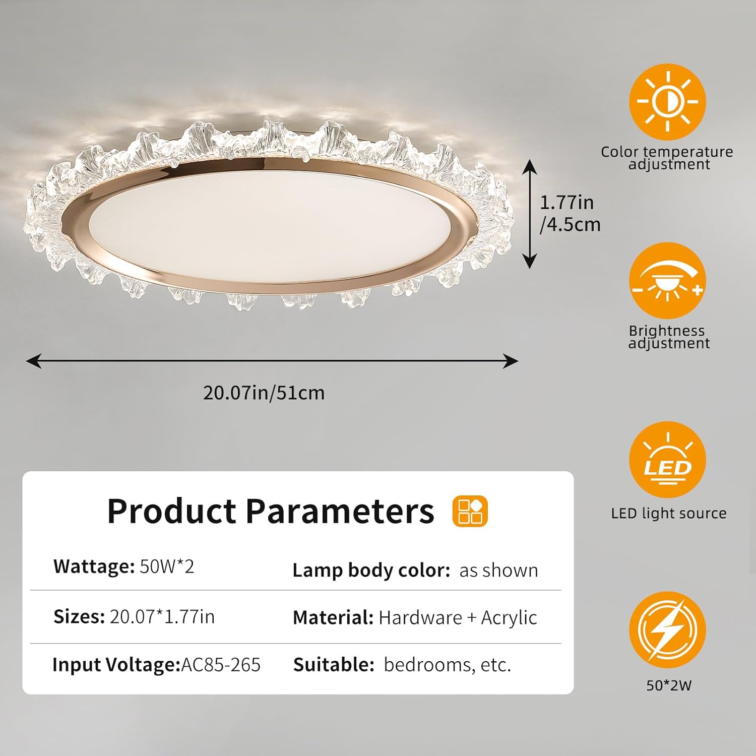 Ceiling light fixture with product parameters on a gray background