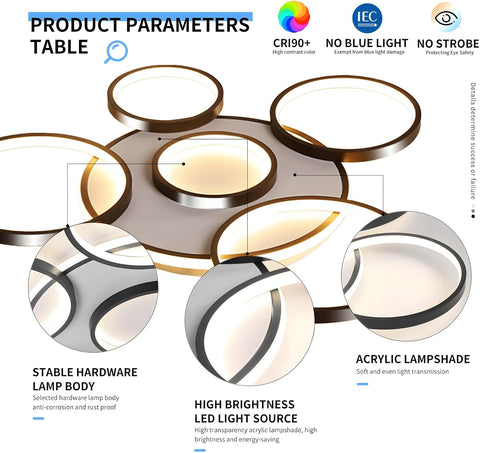 Ceiling light fixture with product parameters table on a white background
