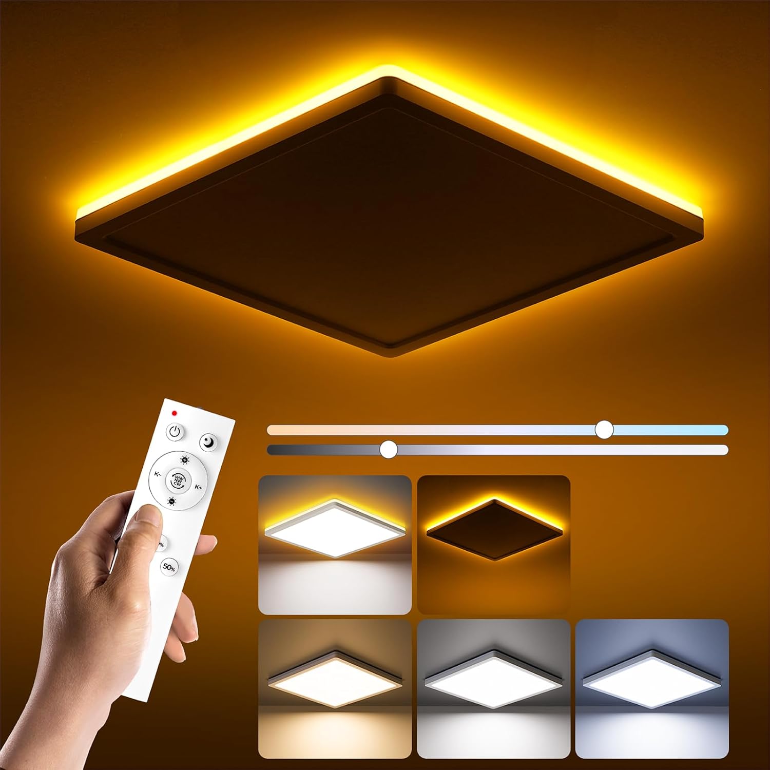 Ceiling light fixture with remote control and color options on a warm background