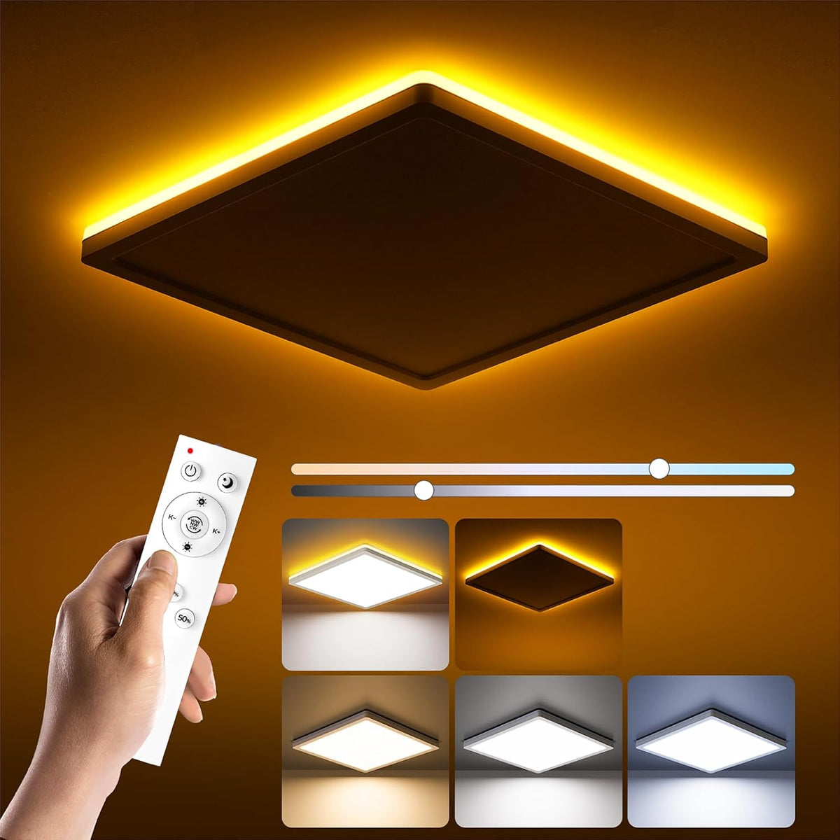 Ceiling light fixture with remote control and color options on a warm background