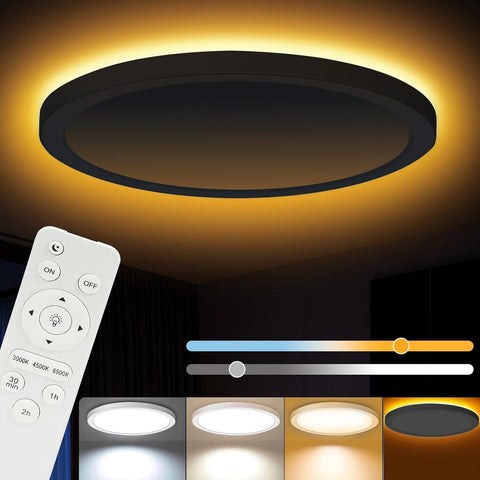 Ceiling light fixture with remote control and color temperature options displayed.