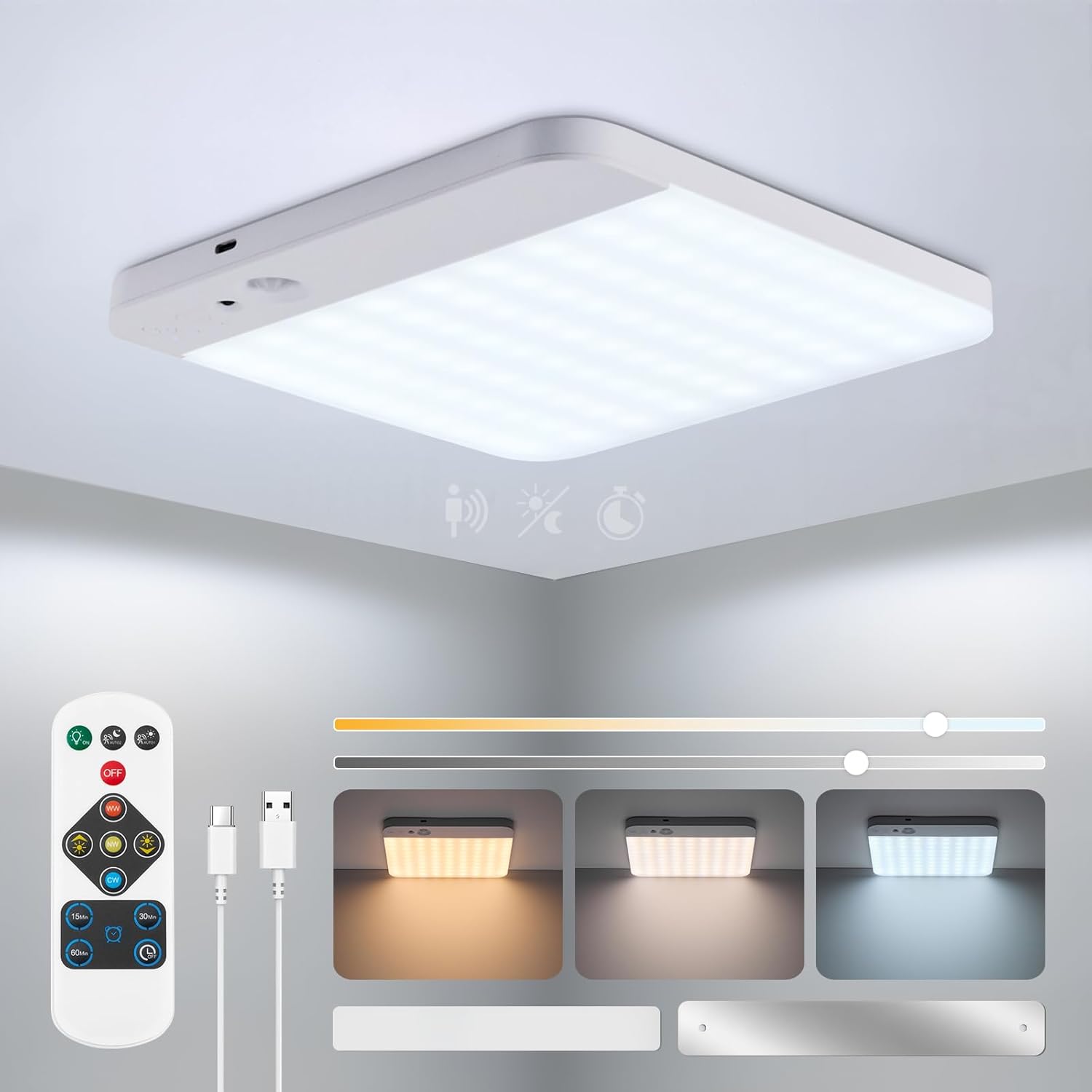 Ceiling light fixture with remote control and color temperature options displayed below.