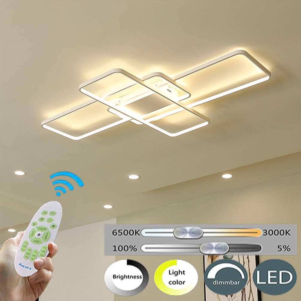 Ceiling light fixture with remote control and color temperature options on a neutral background