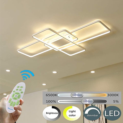 Ceiling light fixture with remote control and color temperature options on a neutral background