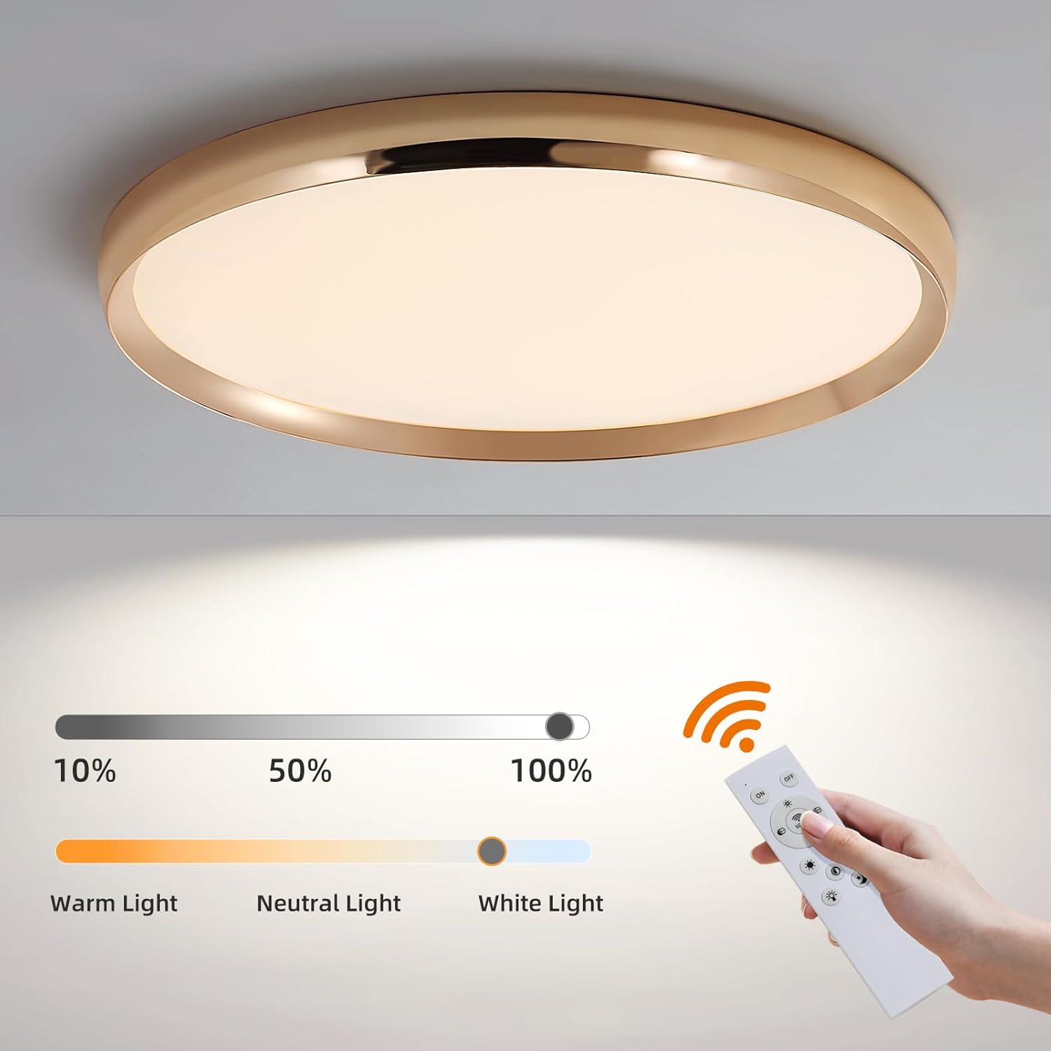 Ceiling light fixture with remote control and light adjustment options on a neutral background