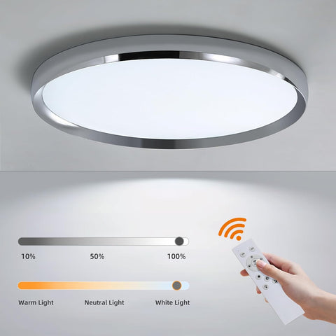 Ceiling light fixture with remote control and light intensity display on a gray background