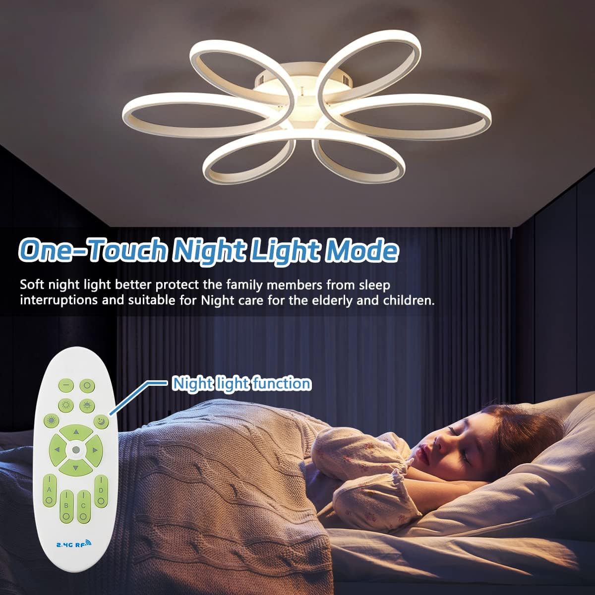 Ceiling light fixture with remote control in a bedroom setting, highlighting night light mode.