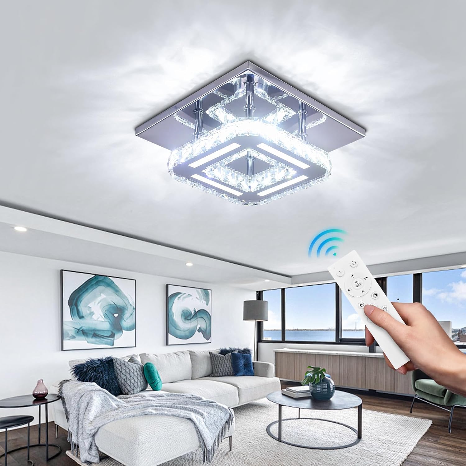 Ceiling light fixture with remote control in a living room setting