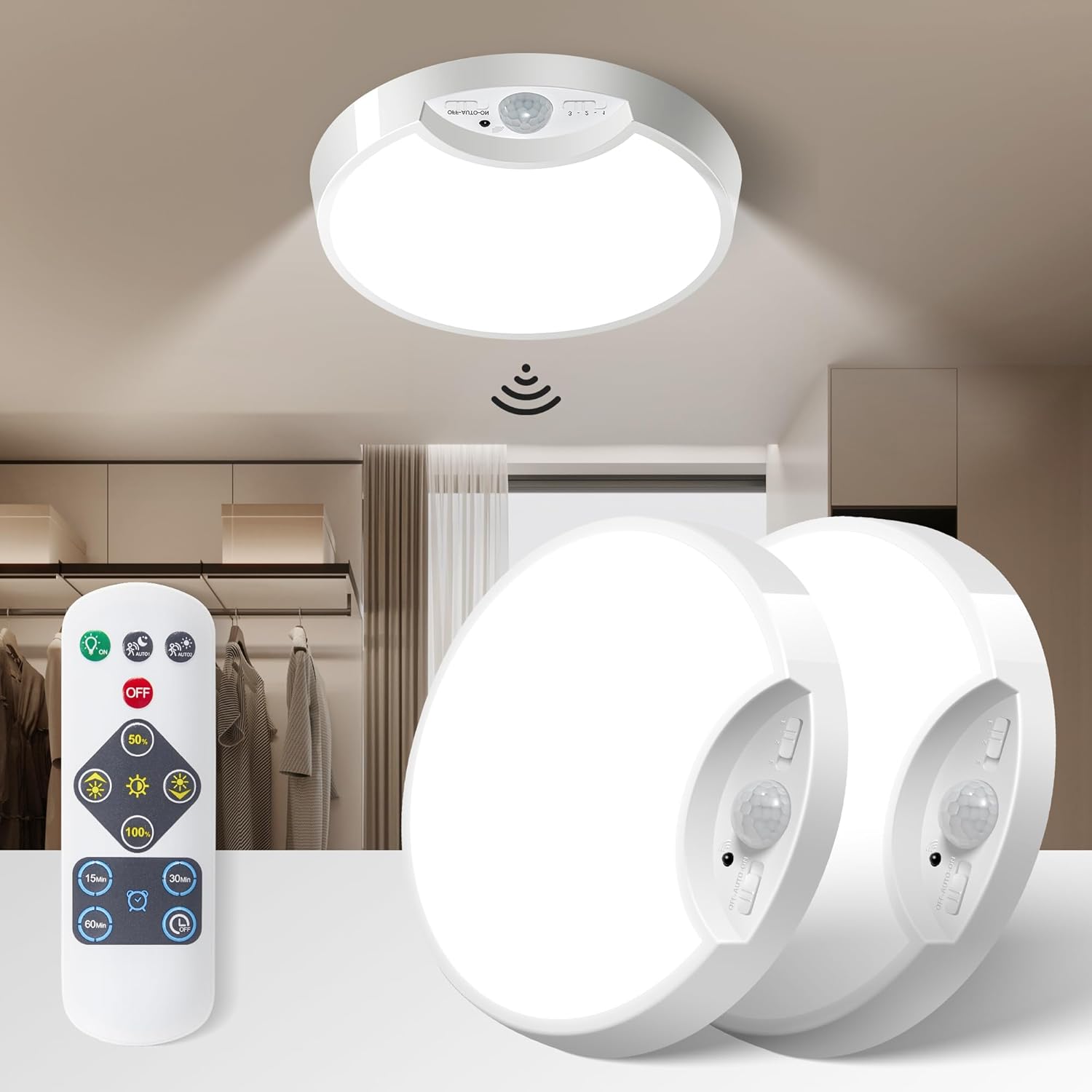 Ceiling light fixture with remote control in a room setting