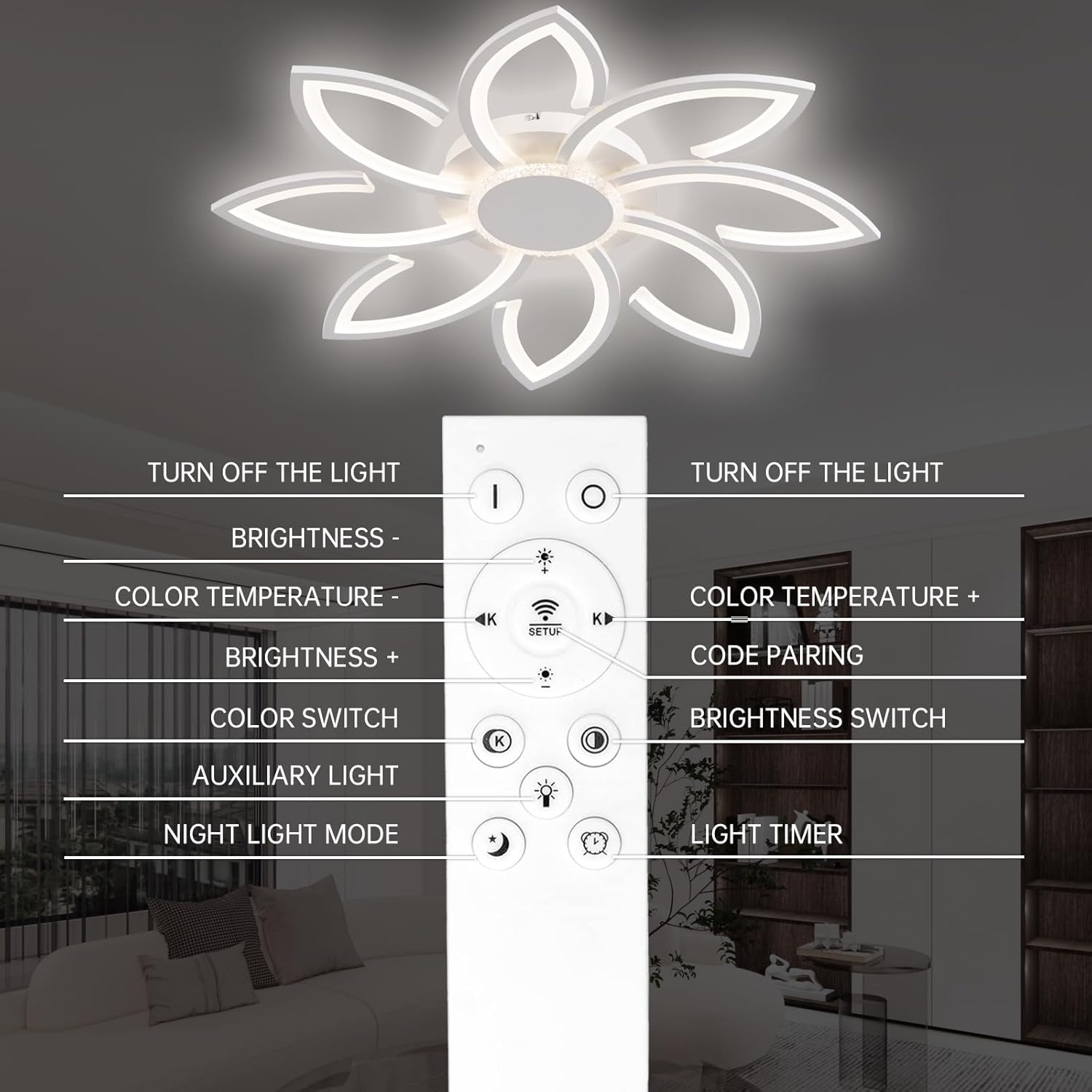 Ceiling light fixture with remote control interface in a room setting