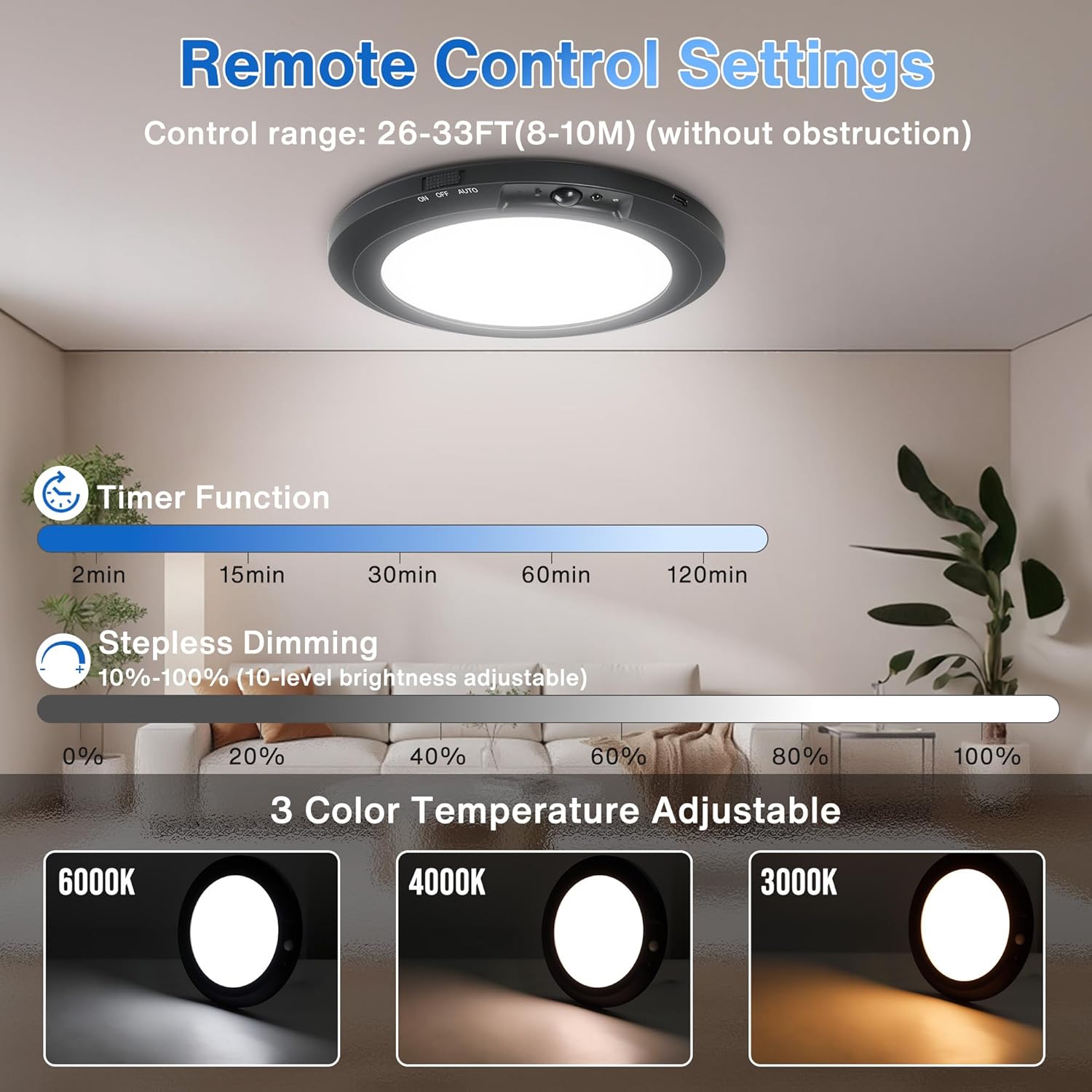 Ceiling light fixture with remote control settings displayed on a screen.