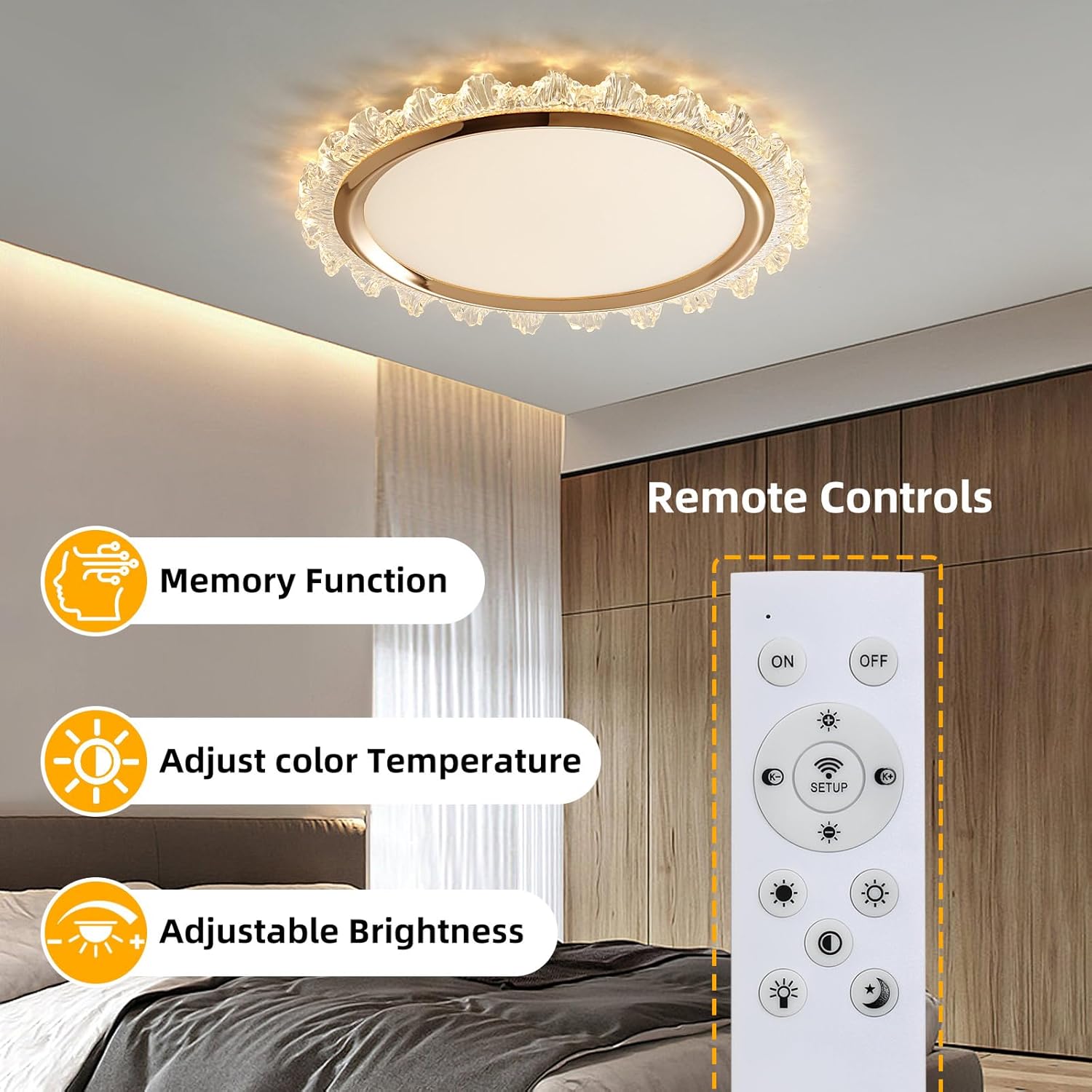 Ceiling light fixture with remote control in a bedroom setting