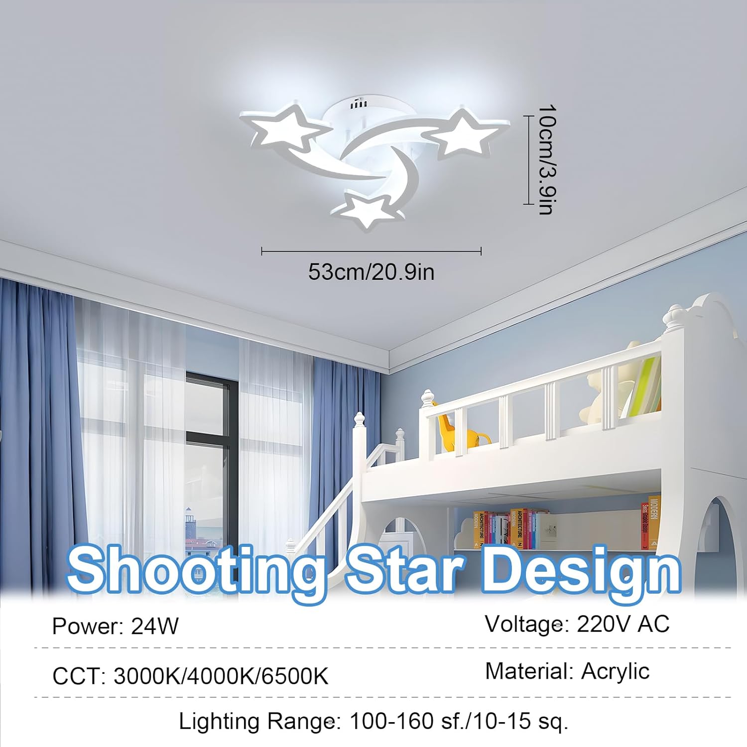 Ceiling light fixture with shooting star design in a room setting, showing dimensions and product details.