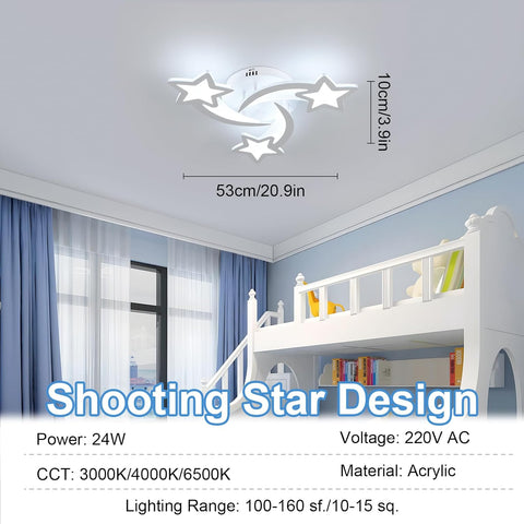 Ceiling light fixture with shooting star design in a room setting, showing dimensions and product details.