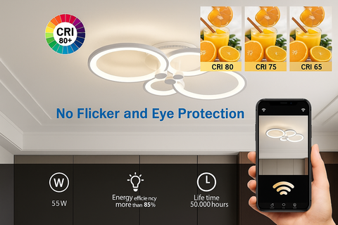 Ceiling light fixture with smartphone displaying brand logo, CRI information, energy efficiency rating, and life time details.