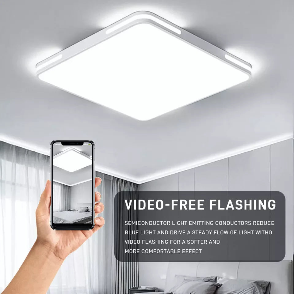 Ceiling light fixture with smartphone showing a video-free flashing feature