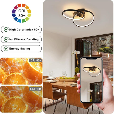 Ceiling light fixture with smartphone showing app interface, surrounded by images of oranges and a dining room.