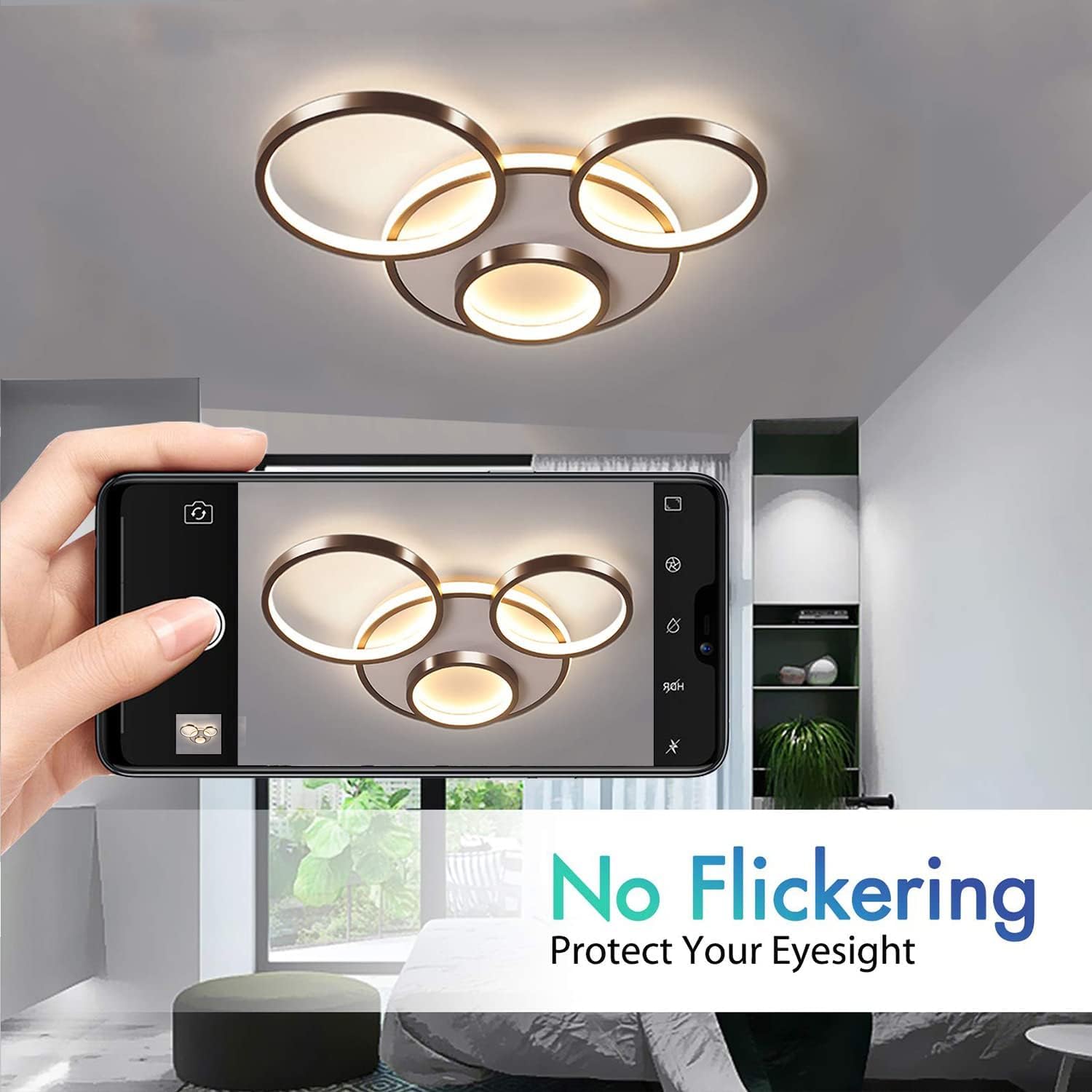Ceiling light fixture with smartphone showing its reflection, with text 'No Flickering Protect Your Eyesight'.