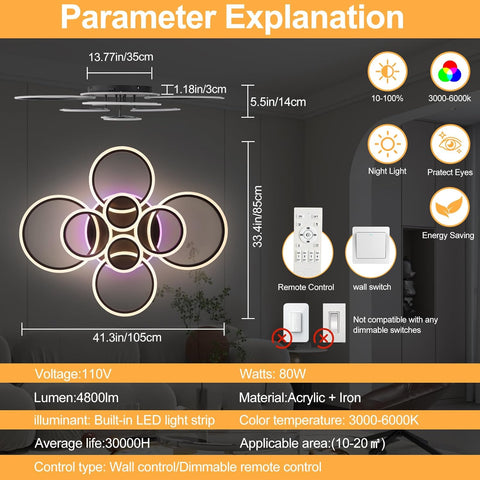 Ceiling light fixture with specifications and features on a dark background