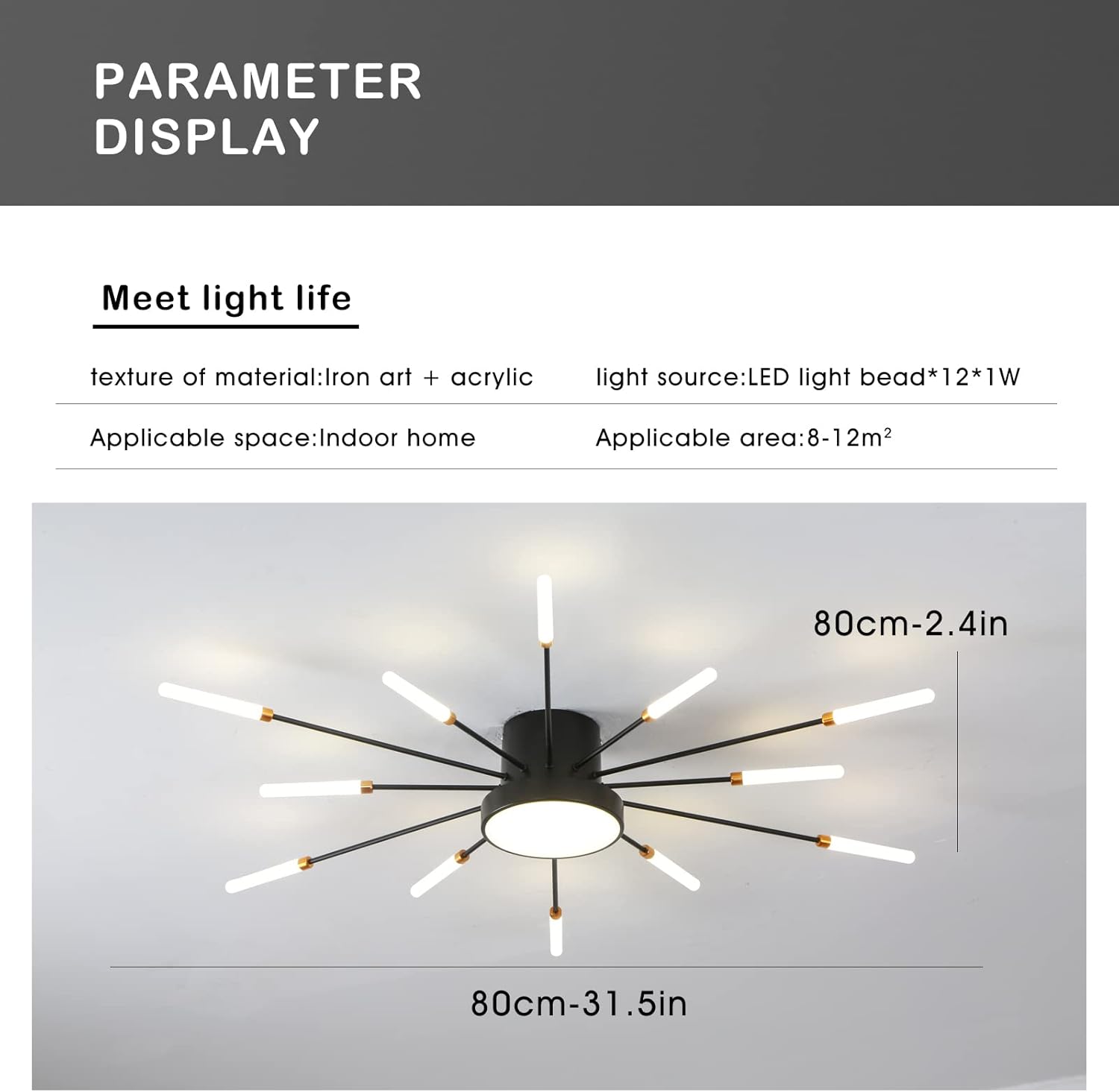 Ceiling light fixture with specifications on a gray background