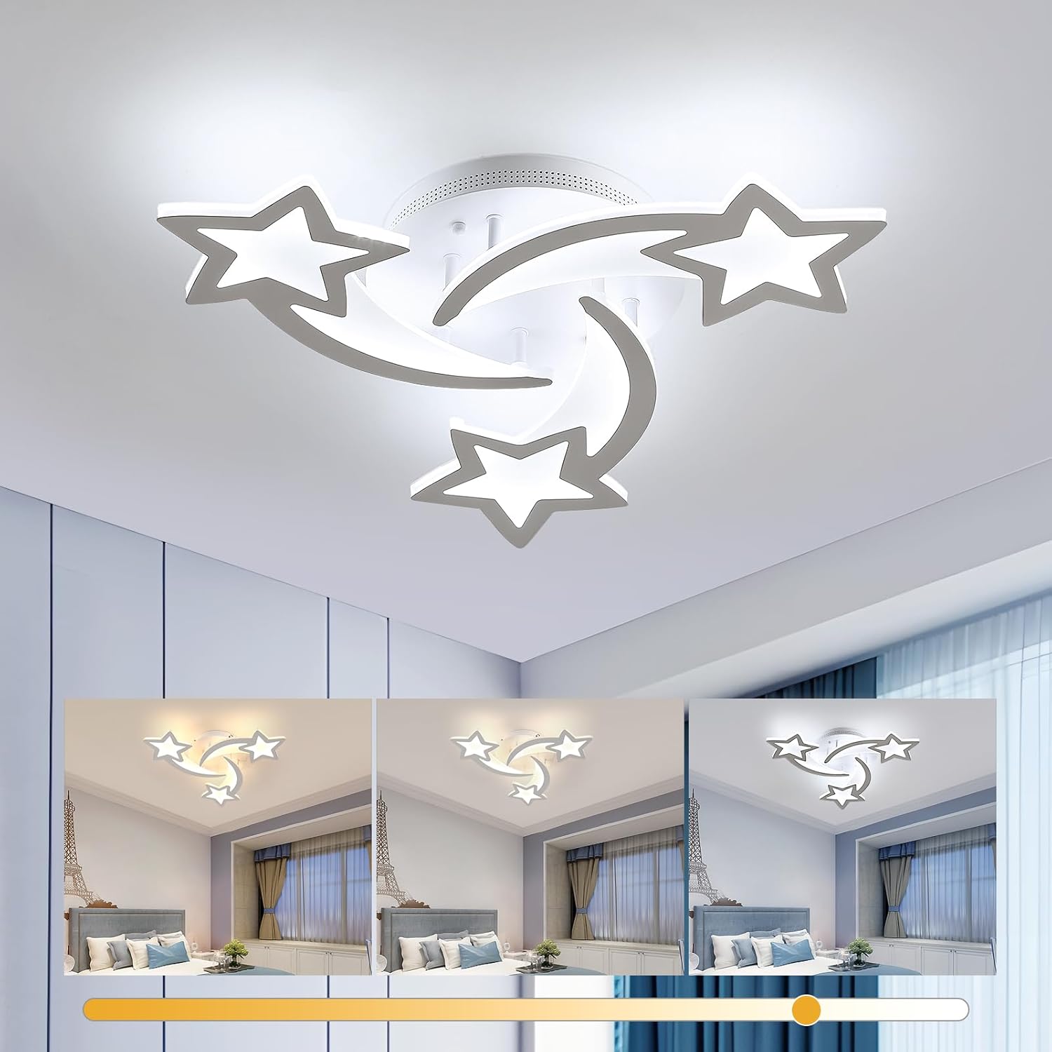 Ceiling light fixture with star and moon design in a modern room setting.