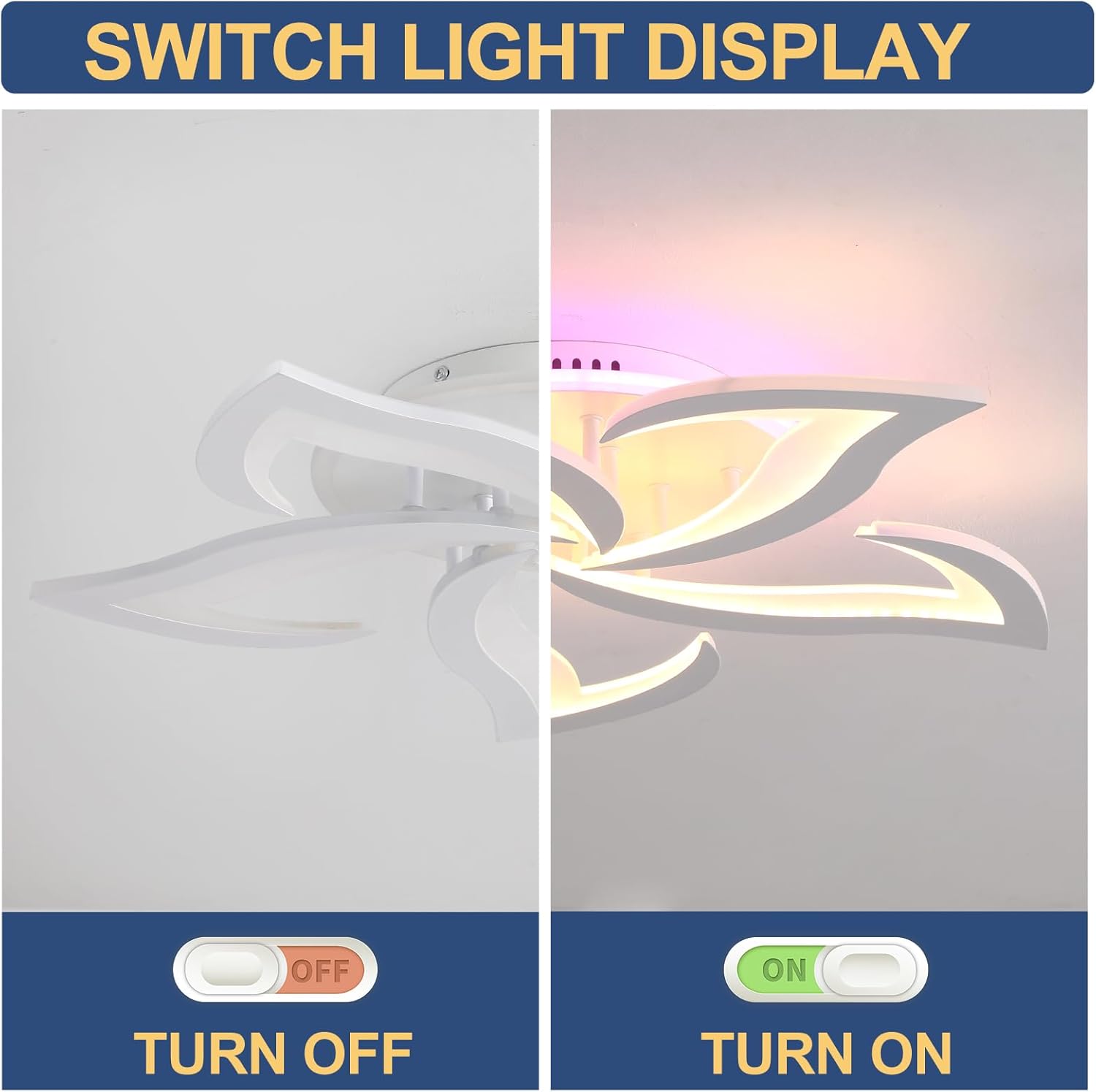 Ceiling light fixture with switch display showing 'Turn Off' and 'Turn On' states.