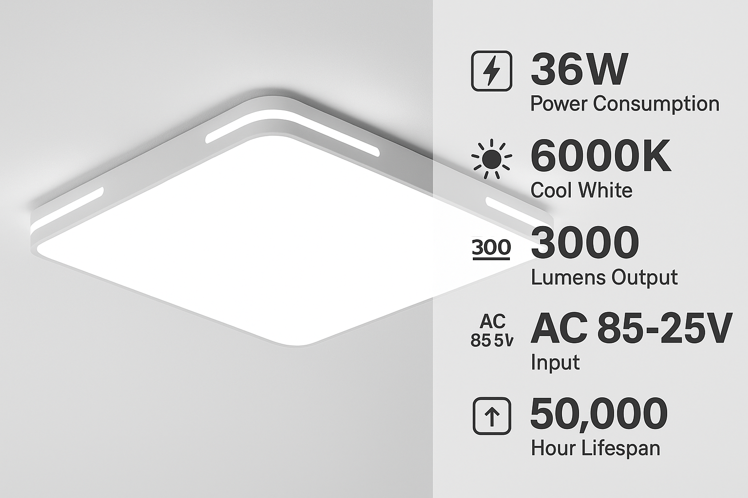 Ceiling light fixture with technical specifications on a gray background