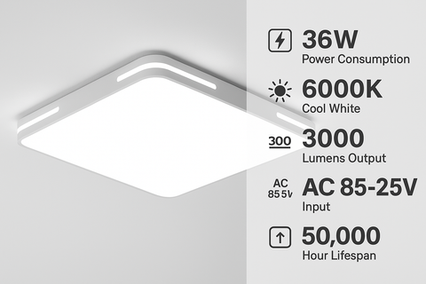 Ceiling light fixture with technical specifications on a gray background