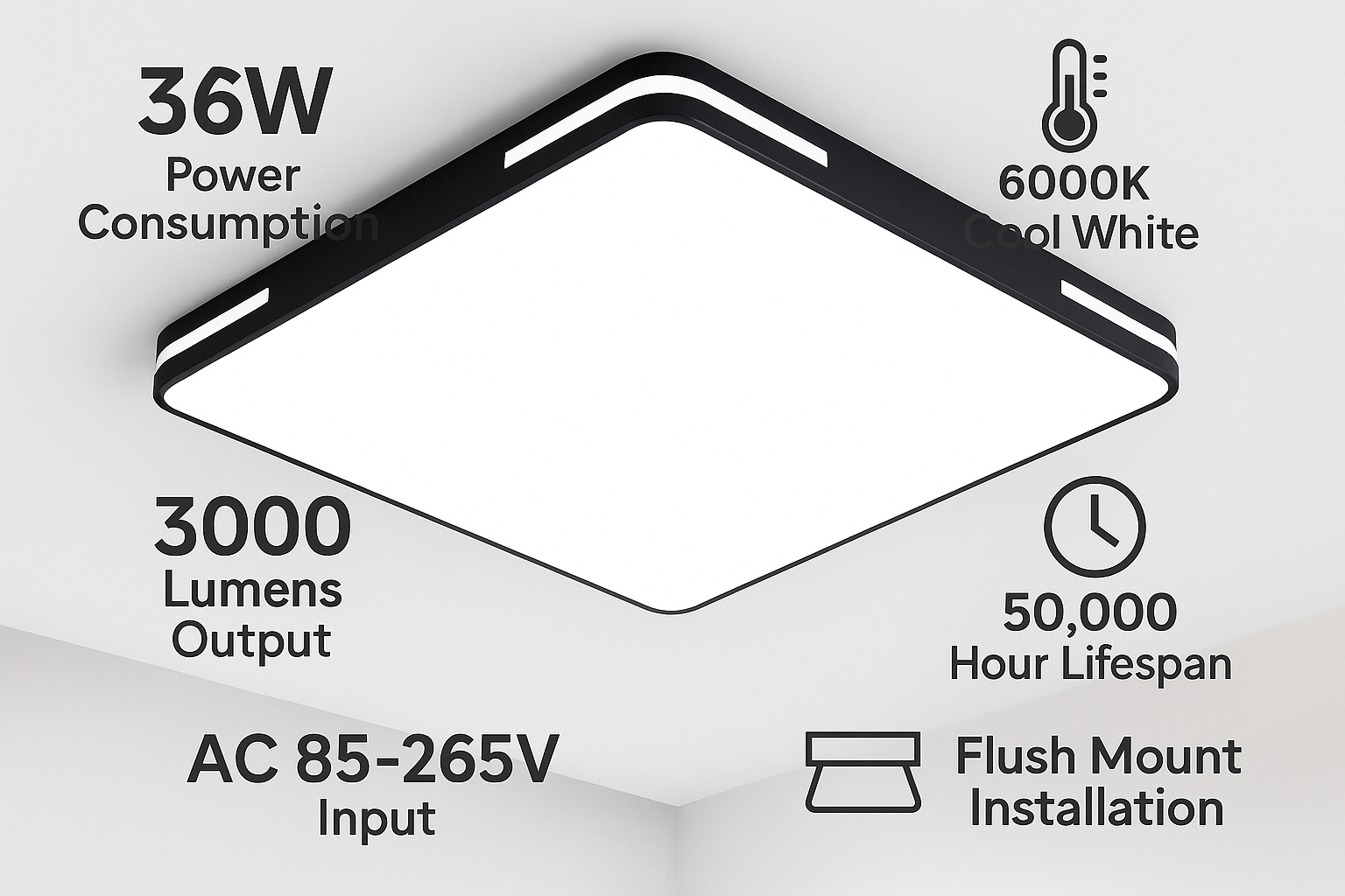 Ceiling light fixture with technical specifications on a white background