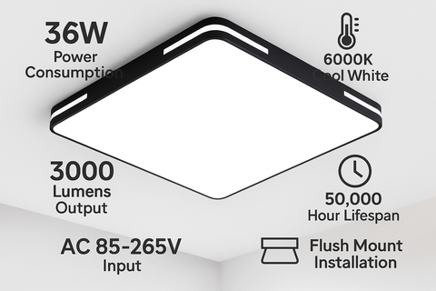 Ceiling light fixture with technical specifications on a white background