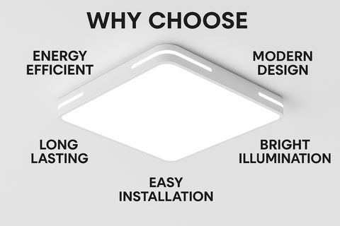 Ceiling light fixture with text highlighting features on a white background