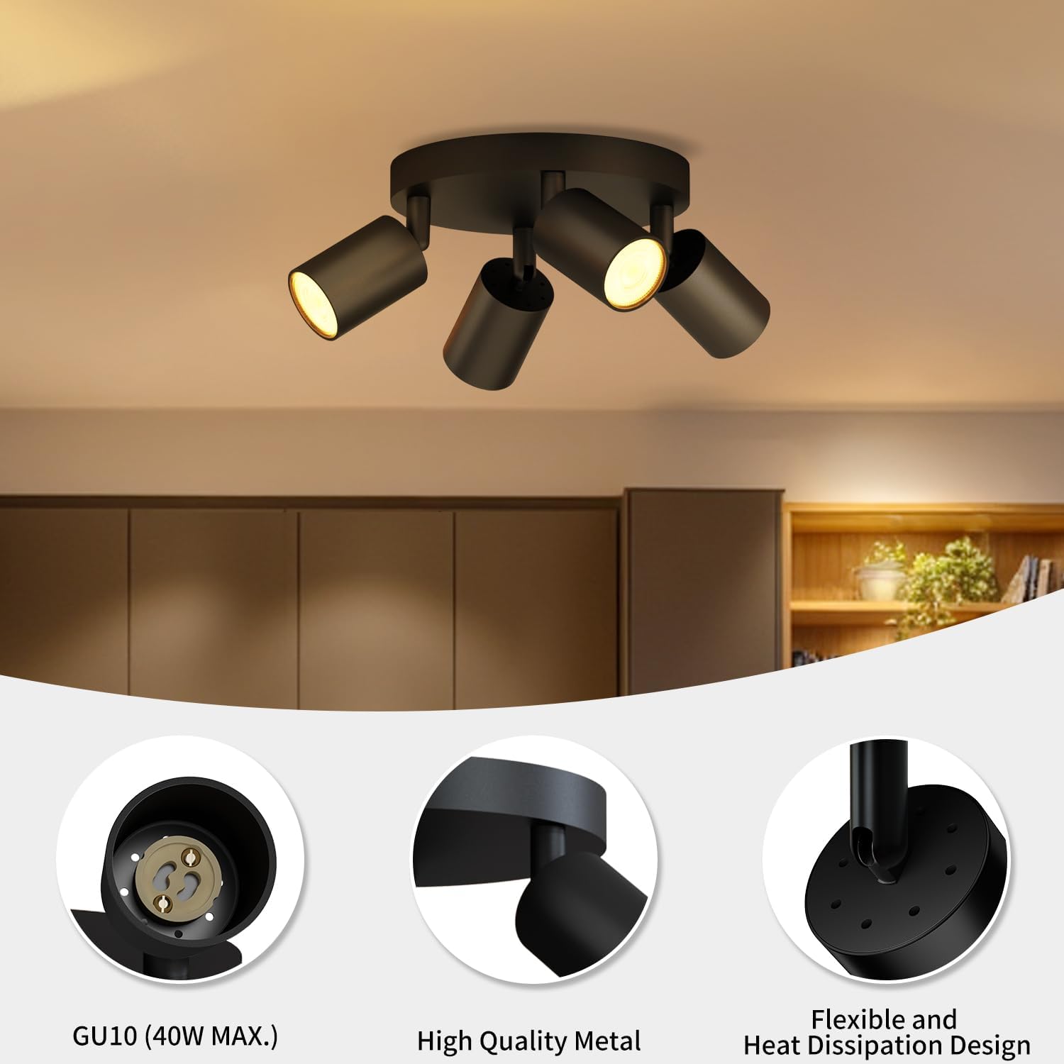 Ceiling light fixture with three adjustable lights in a modern interior setting.