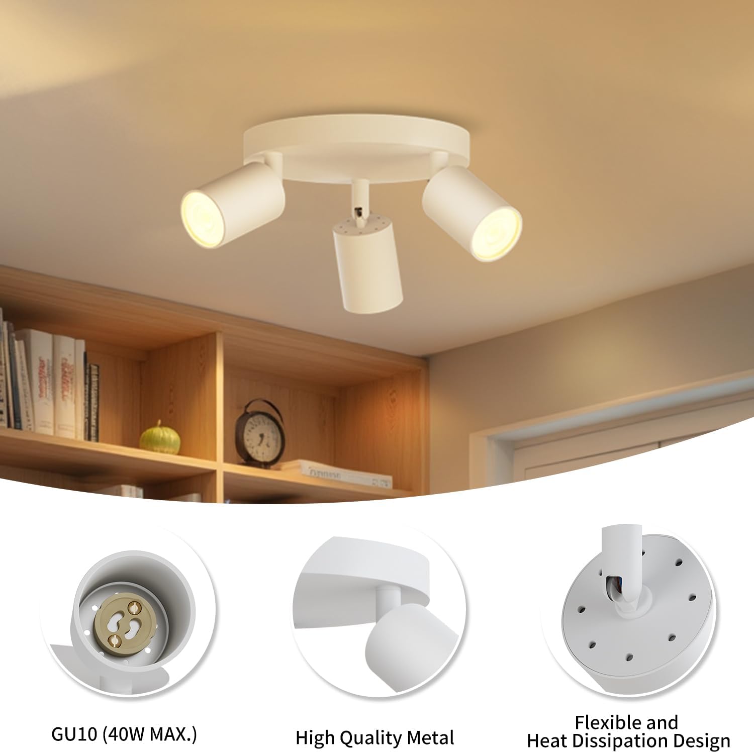 Ceiling light fixture with three bulbs in a room setting, showing close-up details of the light bulb and design.