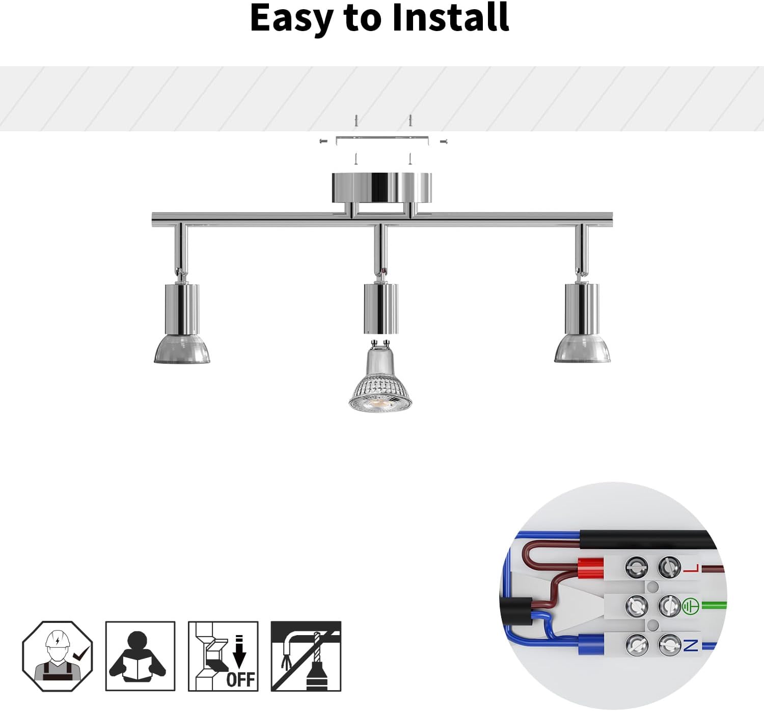 Ceiling light fixture with three bulbs on a white background, featuring text 'Easy to Install' and electrical diagram.