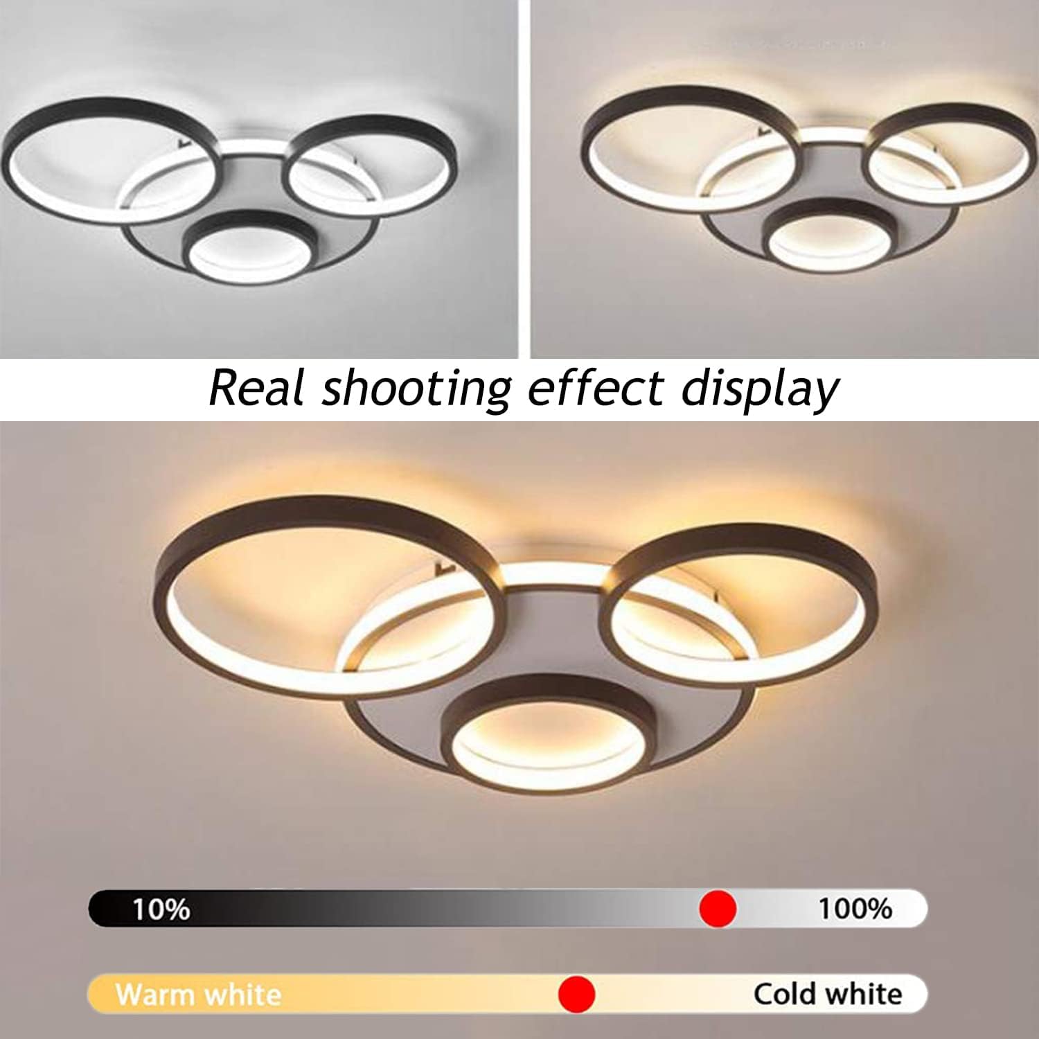 Ceiling light fixture with three circular lights in different color temperatures on a neutral background.

