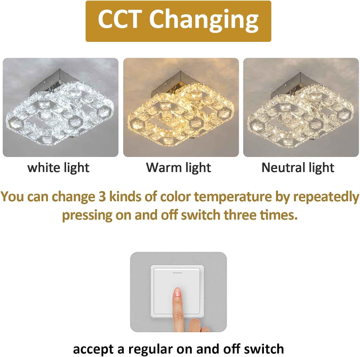 Ceiling light fixture with three color temperature options and a switch illustration.