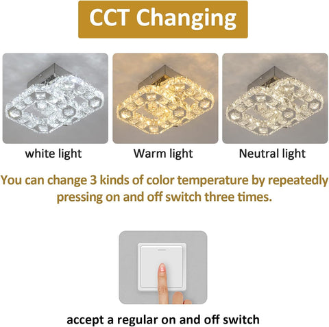 Ceiling light fixture with three color temperature options and a switch illustration.