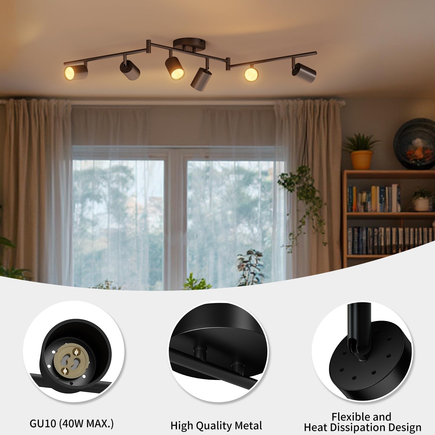 Ceiling light fixture with three light bulbs in a living room setting, featuring close-up details of the light bulb socket.