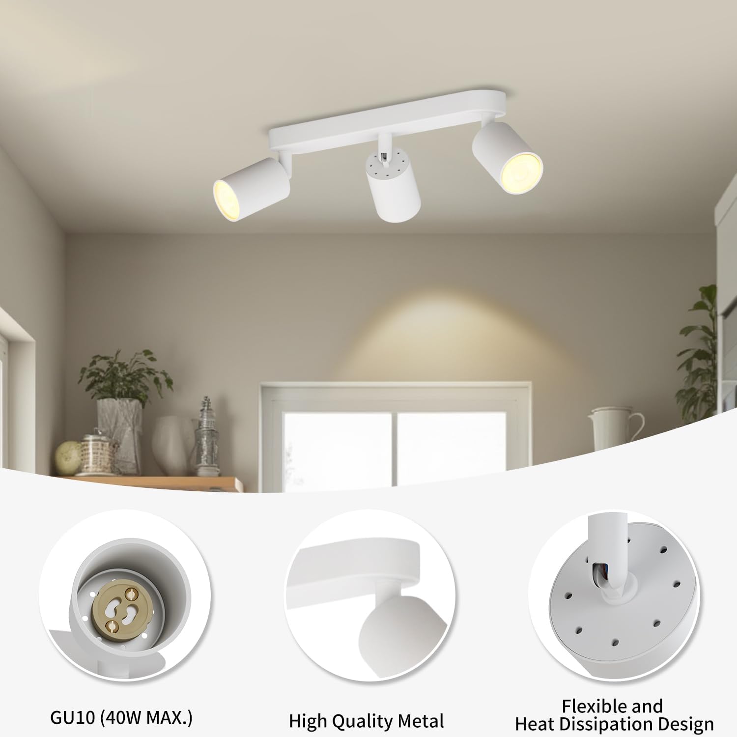 Ceiling light fixture with three lights on a ceiling, with close-up details of the light bulb and design.