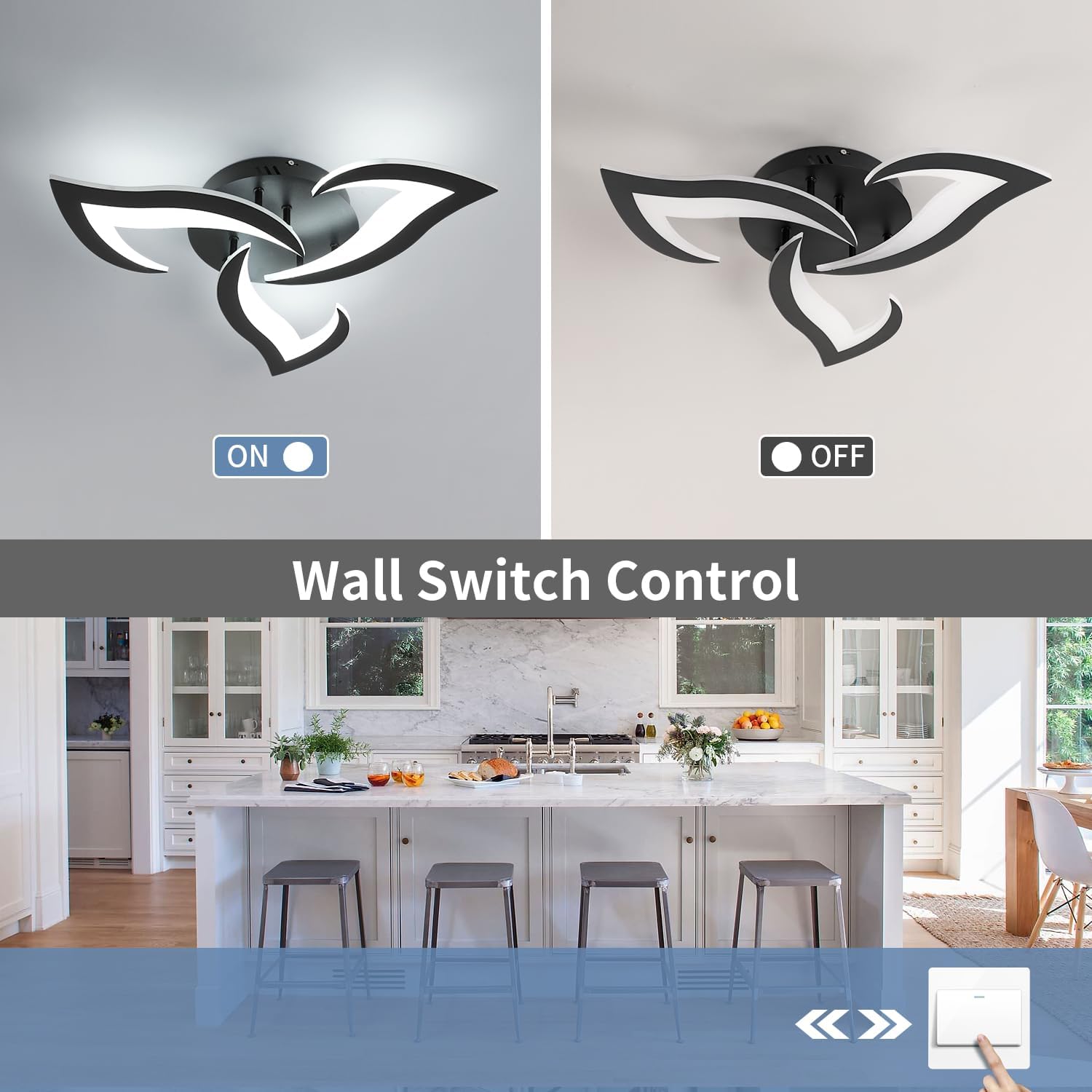 Ceiling light fixture with wall switch control in a kitchen setting