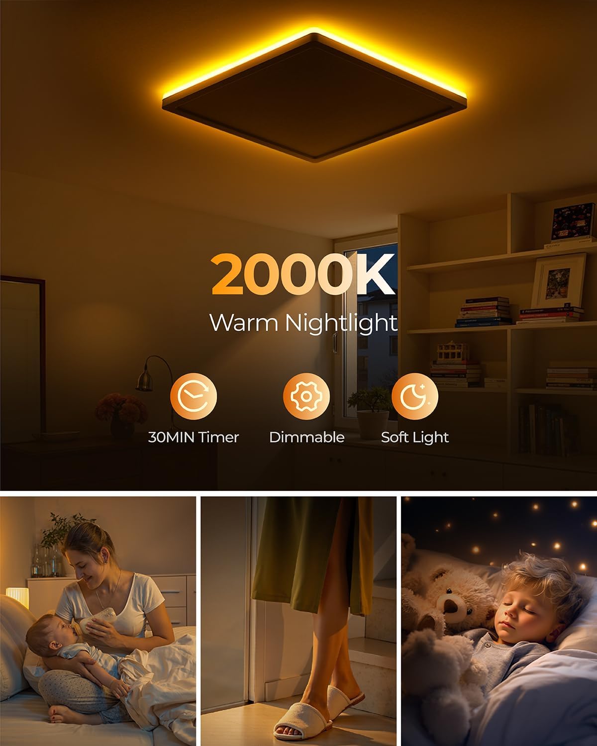 Ceiling light fixture with warm nightlight feature in a room setting.