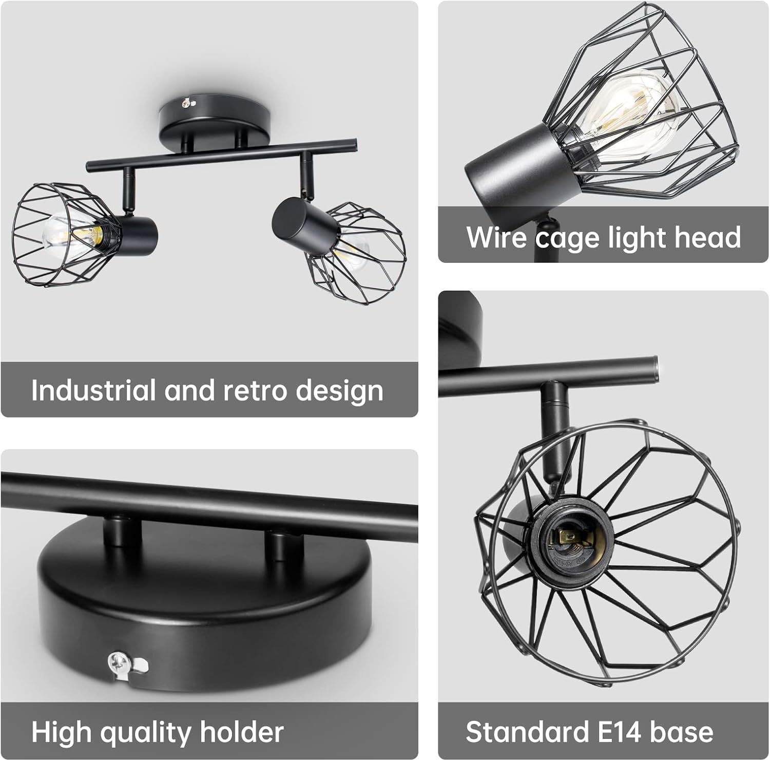 Ceiling light fixture with wire cage design on a gray background