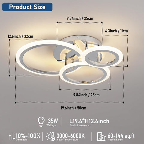 Ceiling light fixture with dimensions and specifications on a gray background